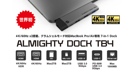 トリプルディスプレイ実現、クラムシェル対応。テレワークやビデオ会議にも最適。「ALMIGHTY DOCK TB4」登場！
